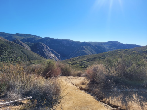 A scenic view of rolling hills and mountains under a clear blue sky, with a dirt path and shrubs in the foreground.
