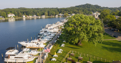 A scenic view of a marina with boats docked along a river, surrounded by green trees and a hillside in the background.