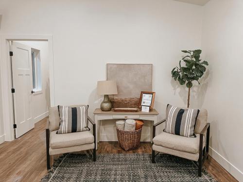 Cozy corner with two chairs, a lamp, a plant, and a table displaying decor in a light, modern room.