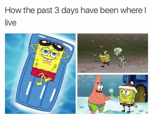 A meme showing SpongeBob in three scenes: relaxing, in a storm, and celebrating with Patrick, reflecting changing weather.