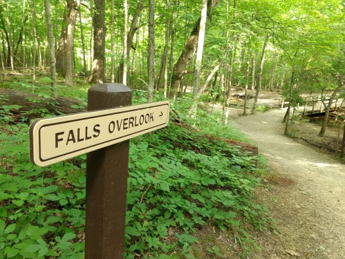 A wooden sign points towards "Falls Overlook" along a gravel path in a lush green forest.