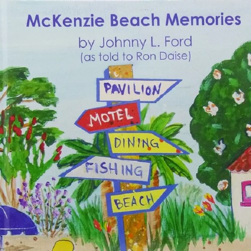 Colorful book cover titled "McKenzie Beach Memories" featuring a signpost with directions to various beach attractions.