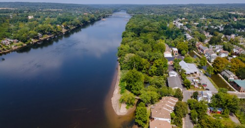 aerial shot of lambertville new jersey withnew hope pa across the river