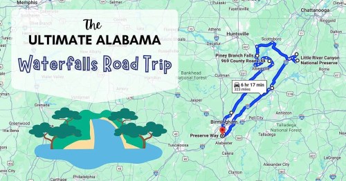 Map highlighting the "Ultimate Alabama Waterfalls Road Trip" route, featuring key stops and travel time.