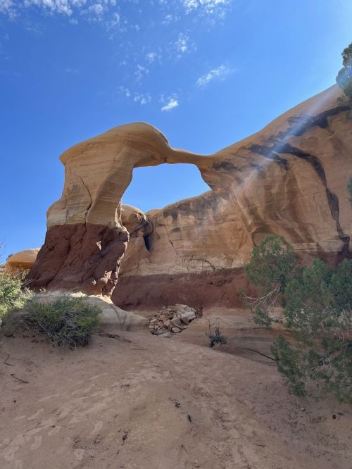 A natural rock arch stands against a blue sky, surrounded by sandy terrain and sparse vegetation.