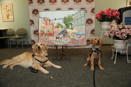 Two dogs sit in front of a colorful painting of a town scene, surrounded by flowers and a decorative backdrop.