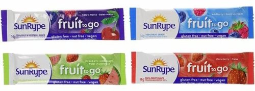 Four colorful fruit snack bars from SunRype, labeled "fruit to go," featuring various fruit flavors and dietary information.