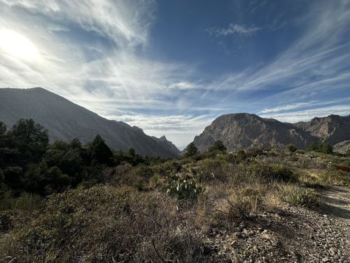 A scenic view of mountains and valleys under a cloudy sky, with lush vegetation in the foreground.