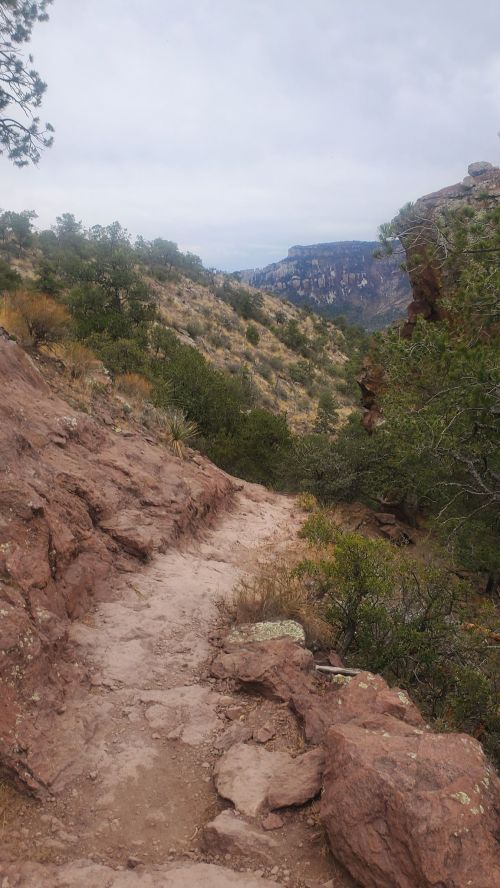 A winding dirt path through rocky terrain, surrounded by shrubs and distant mountains under a cloudy sky.