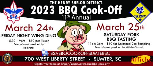 Promotional poster for the 2023 BBQ Cook-Off in Sumter, SC, featuring event details and dates for wing ding and BBQ tasting.