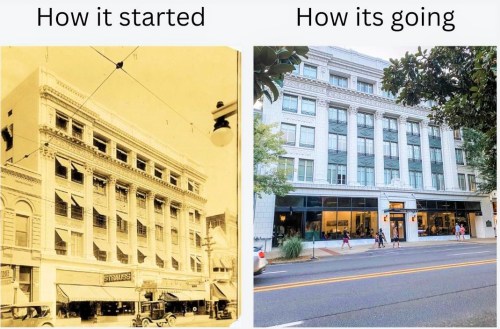 A historical photo of a building on the left, and a modern image of the same building on the right, showcasing its transformation.