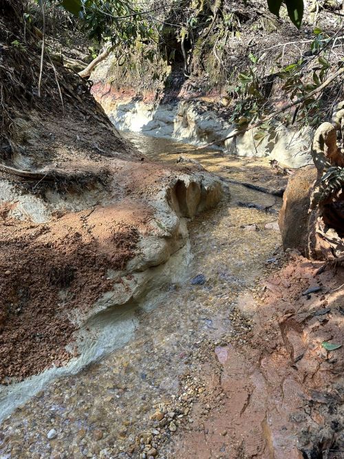 A narrow stream flows through a rocky, earthy landscape with exposed soil and vegetation along the banks.