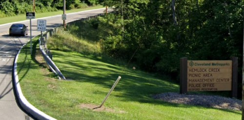A road sign for Hemlock Creek Picnic Area and a "Do Not Pass" sign along a grassy roadside.