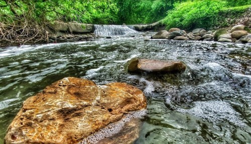 A serene river scene with smooth rocks in the foreground and a small waterfall surrounded by lush greenery.