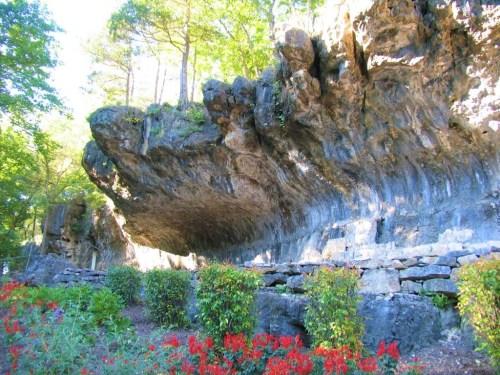 A large rock formation with overhanging ledges, surrounded by vibrant flowers and trees in a natural setting.