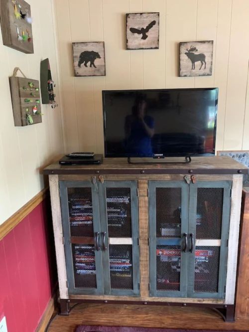 A wooden TV stand with mesh doors, holding DVDs, against a wall with animal-themed artwork and a flat-screen TV.
