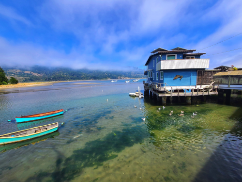 A blue house on stilts by a calm waterway, with colorful boats and ducks swimming nearby under a clear sky.