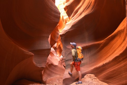 A hiker with a backpack gazes up at the sunlit, narrow canyon walls of Antelope Canyon, showcasing vibrant orange hues.