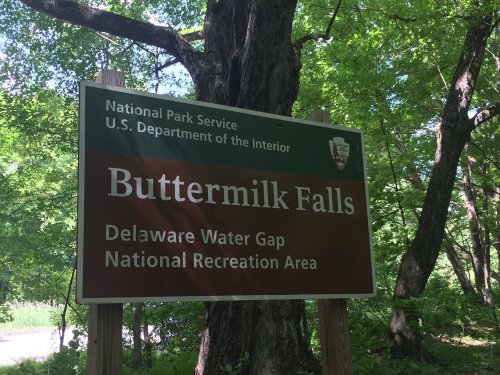Sign for Buttermilk Falls in the Delaware Water Gap National Recreation Area, surrounded by trees.