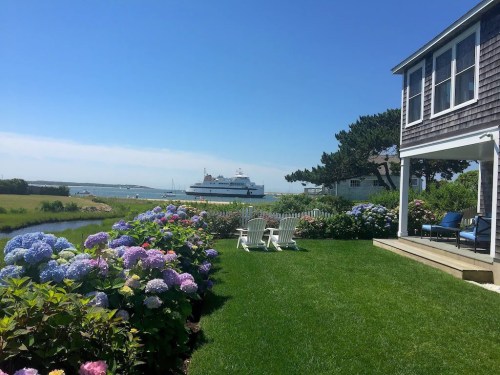 A scenic view of hydrangeas in bloom, a grassy yard, and a ferry sailing in the distance under a clear blue sky.