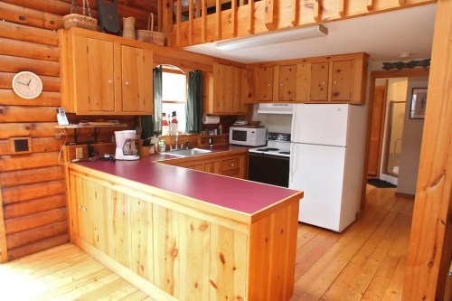 Cozy log cabin kitchen with wooden cabinets, a purple countertop, and modern appliances, featuring warm, natural lighting.