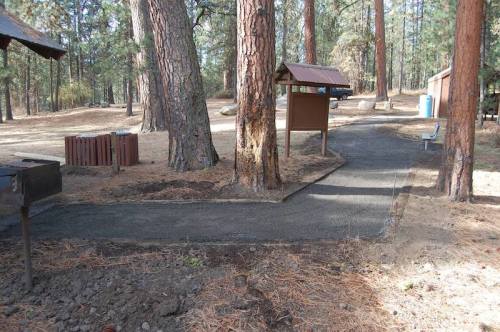 A paved path through a wooded area, with picnic tables, a grill, and informational signs nearby.