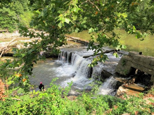 A serene waterfall cascades over rocks, surrounded by lush greenery and a calm river.