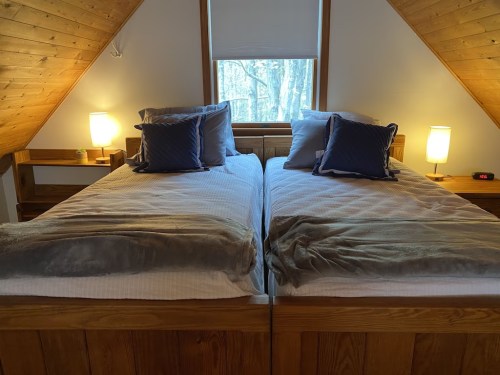 Cozy bedroom with two twin beds, wooden accents, and soft lighting from bedside lamps.