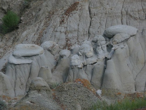 Unique rock formations resembling sculptures, with smooth, rounded tops and varying heights, set against a natural landscape.