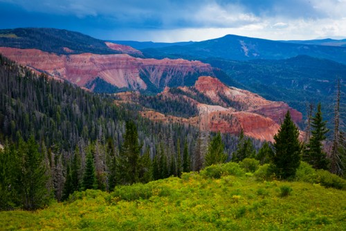 A scenic view of layered red rock formations and lush green trees under a cloudy sky in a mountainous landscape.