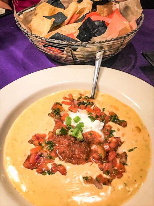 A bowl of creamy cheese dip topped with salsa and green onions, served with a basket of tortilla chips in the background.