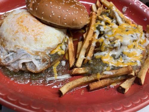 A plate with a fried egg sandwich and cheesy fries topped with green sauce, served on a red platter.