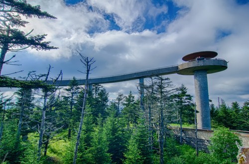 A modern observation deck on a concrete structure, surrounded by tall trees and under a cloudy sky.