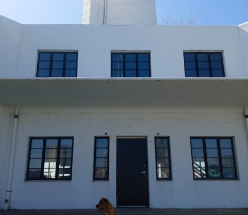A white building with large black windows and a door, featuring a dog in front on a sunny day.