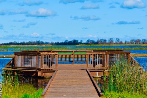 A wooden dock extends over a calm lake, surrounded by lush greenery and blue skies with scattered clouds.