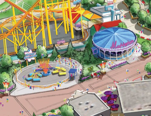 A colorful amusement park scene featuring rides, attractions, and visitors enjoying the festive atmosphere.