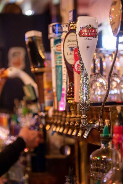 A close-up of a bar tap with various beer handles, including a Stella Artois tap, and blurred bottles in the background.