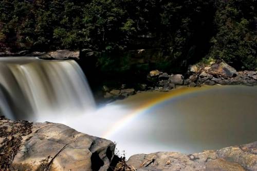 A serene waterfall cascades into a pool, with a vibrant rainbow arching over the water. Lush greenery surrounds the scene.