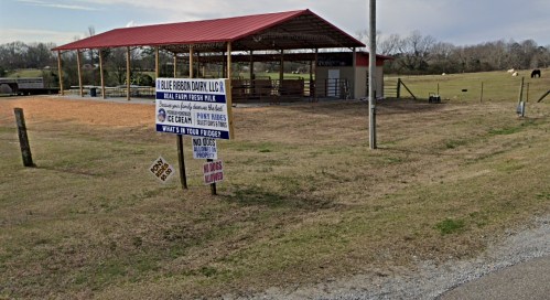 A dairy farm with a covered area, sign for ice cream, and open fields in the background. Cows are visible in the distance.