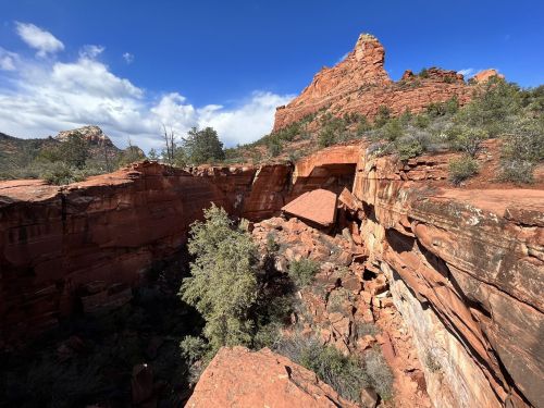A rocky canyon landscape with red sandstone formations and scattered greenery under a blue sky with clouds.