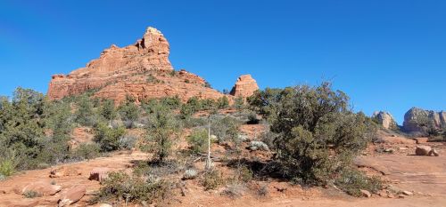 A rocky landscape with red rock formations and sparse vegetation under a clear blue sky.