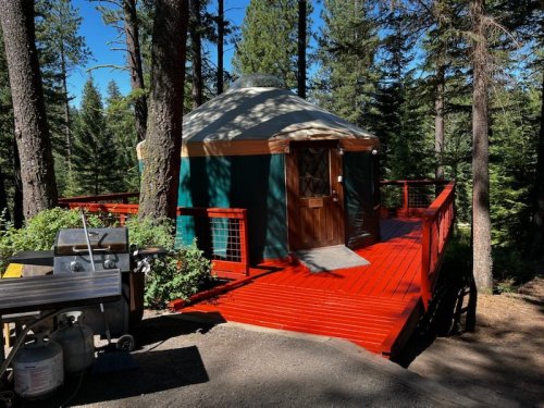A yurt on a red deck surrounded by tall trees in a forest setting.
