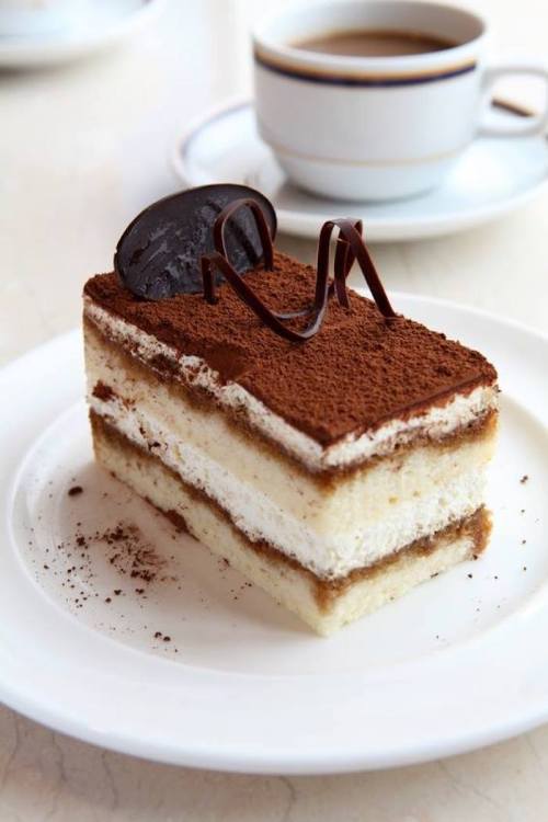 A slice of tiramisu topped with cocoa powder and chocolate, served on a white plate with a cup of coffee in the background.
