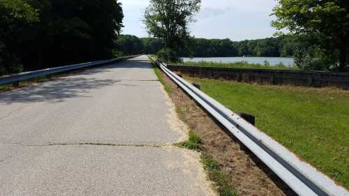 A quiet road lined with guardrails, leading to a serene lake surrounded by trees on a sunny day.