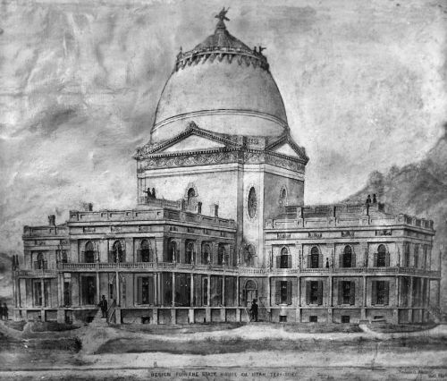 Historic black and white illustration of a grand building with a large dome and intricate architectural details.