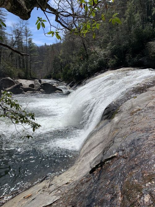A serene waterfall cascades over smooth rocks, surrounded by lush greenery and trees in a peaceful natural setting.