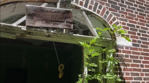 Sign for "Lakeside County Youth Activity Center" above a doorway, surrounded by overgrown vines and a brick wall.