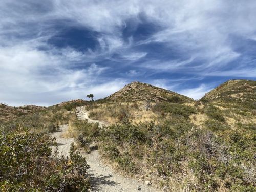 A winding dirt path leads through grassy hills under a blue sky with wispy clouds.