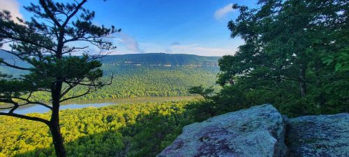 A scenic view from a rocky overlook, showcasing lush green hills and a winding river under a clear blue sky.