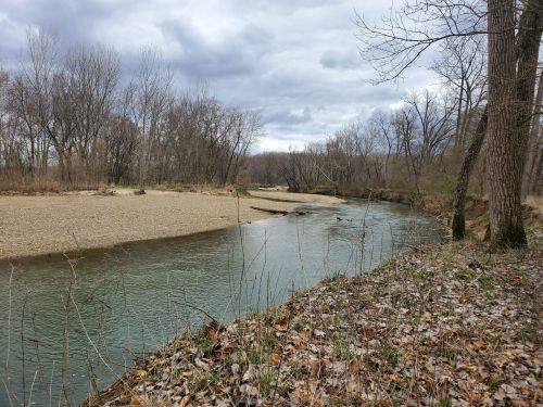 A serene riverbank scene with a winding river, bare trees, and a pebbly shore under a cloudy sky.